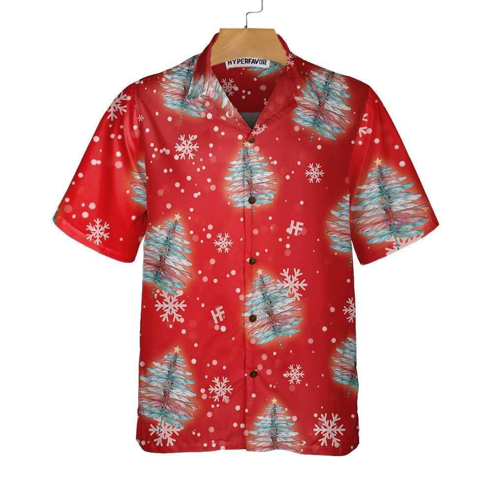 Christmas Hawaiian Shirt, Dragonfly Shaped Christmas Tree Shirt, Xmas Hawaiian Shirts