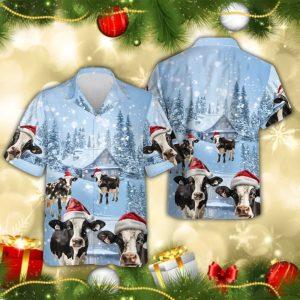 Christmas Hawaiian Shirt, Fresian Cow Christmas Hawaiian&hellip;