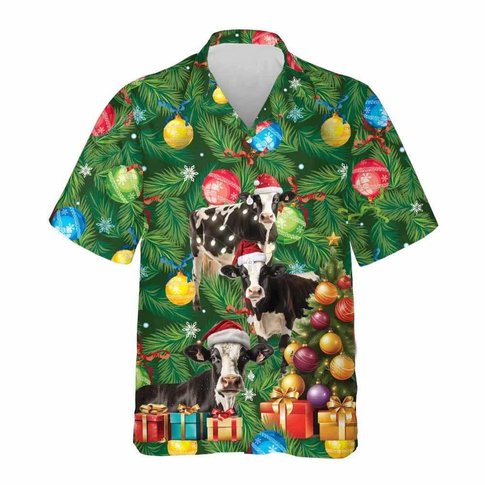 Christmas Hawaiian Shirt, Fresian Cow Christmas Tree Hawaiian Shirt, Xmas Hawaiian Shirts