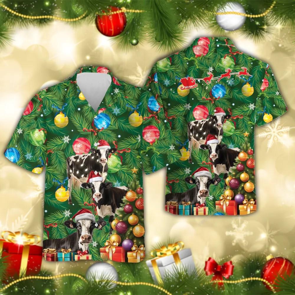 Christmas Hawaiian Shirt, Fresian Cow Christmas Tree Hawaiian Shirt, Xmas Hawaiian Shirts