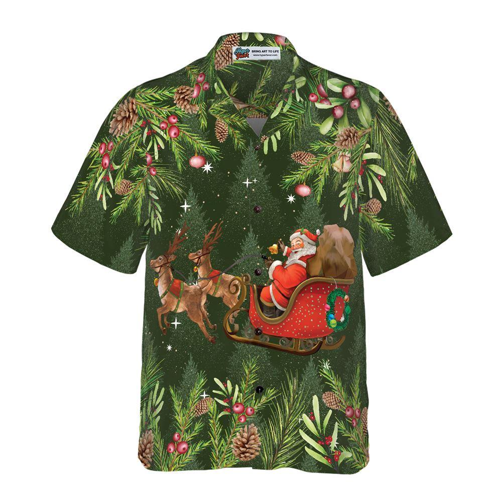 Christmas Hawaiian Shirt, Hyperfavor Santa Santa Riding Sleigh Pattern Hawaiian Shirt, Christmas Shirts, Xmas Hawaiian Shirts