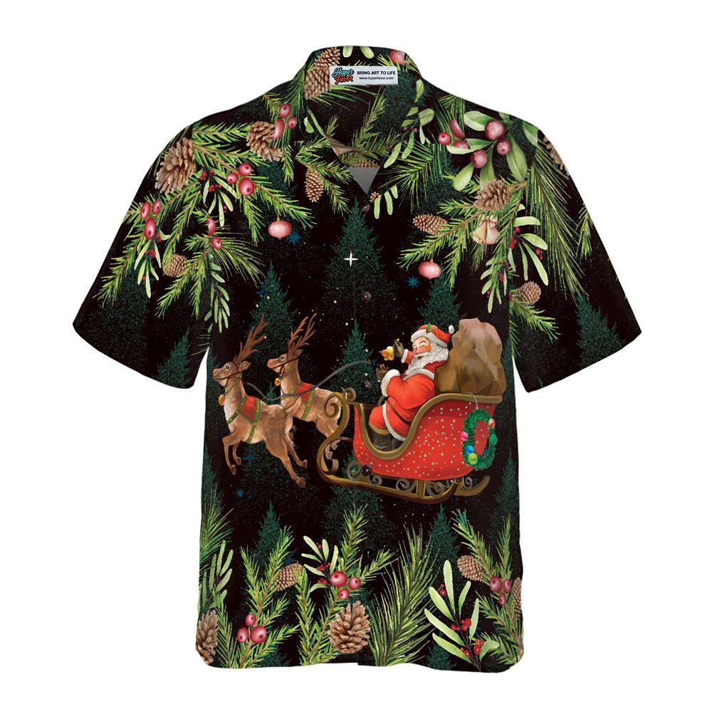 Christmas Hawaiian Shirt, Hyperfavor Santa Santa Riding Sleigh Pattern Hawaiian Shirt, Xmas Hawaiian Shirts