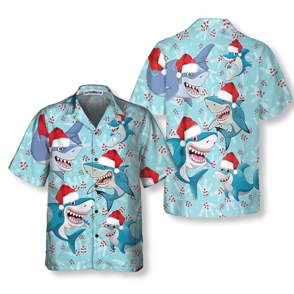 Christmas Hawaiian Shirt, Merry Christmas Shark Santa Hat Christmas Hawaiian Shirt, Xmas Hawaiian Shirts