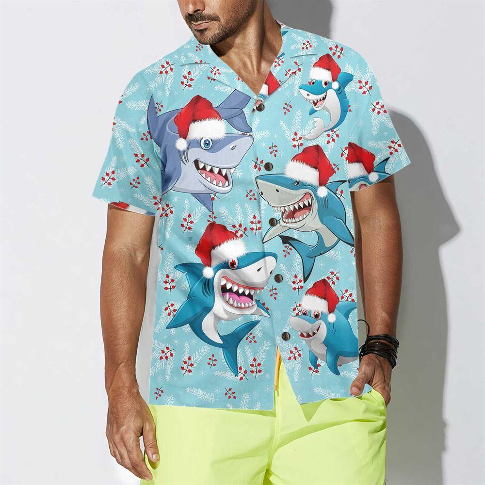 Christmas Hawaiian Shirt, Merry Christmas Shark Santa Hat Christmas Hawaiian Shirt, Xmas Hawaiian Shirts
