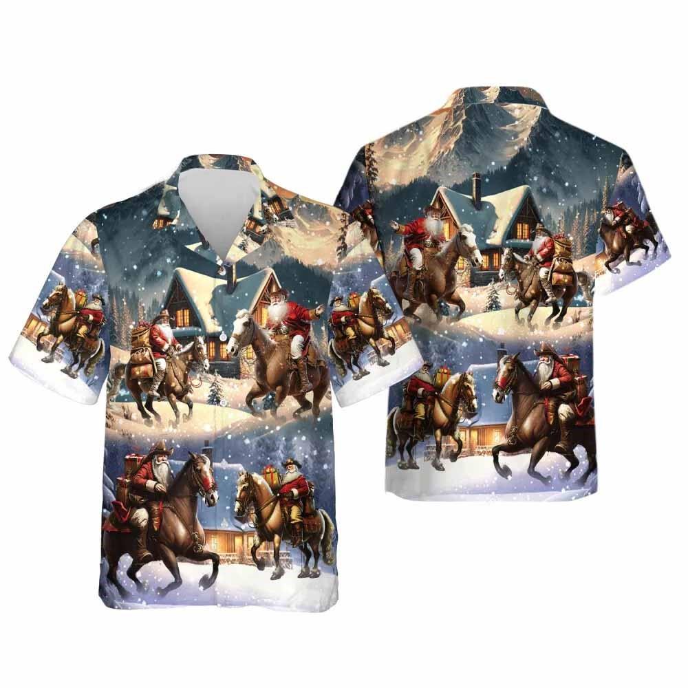 Christmas Hawaiian Shirt, Santa Cowboy Hawaiian Shirts, Horse Racing Summer Beach Shirts, Xmas Hawaiian Shirts