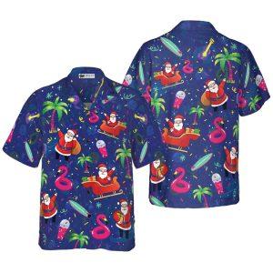 Christmas Hawaiian Shirt, Santa Flamingo Tropical Pattern Hawaiian Shirt, Xmas Hawaiian Shirts