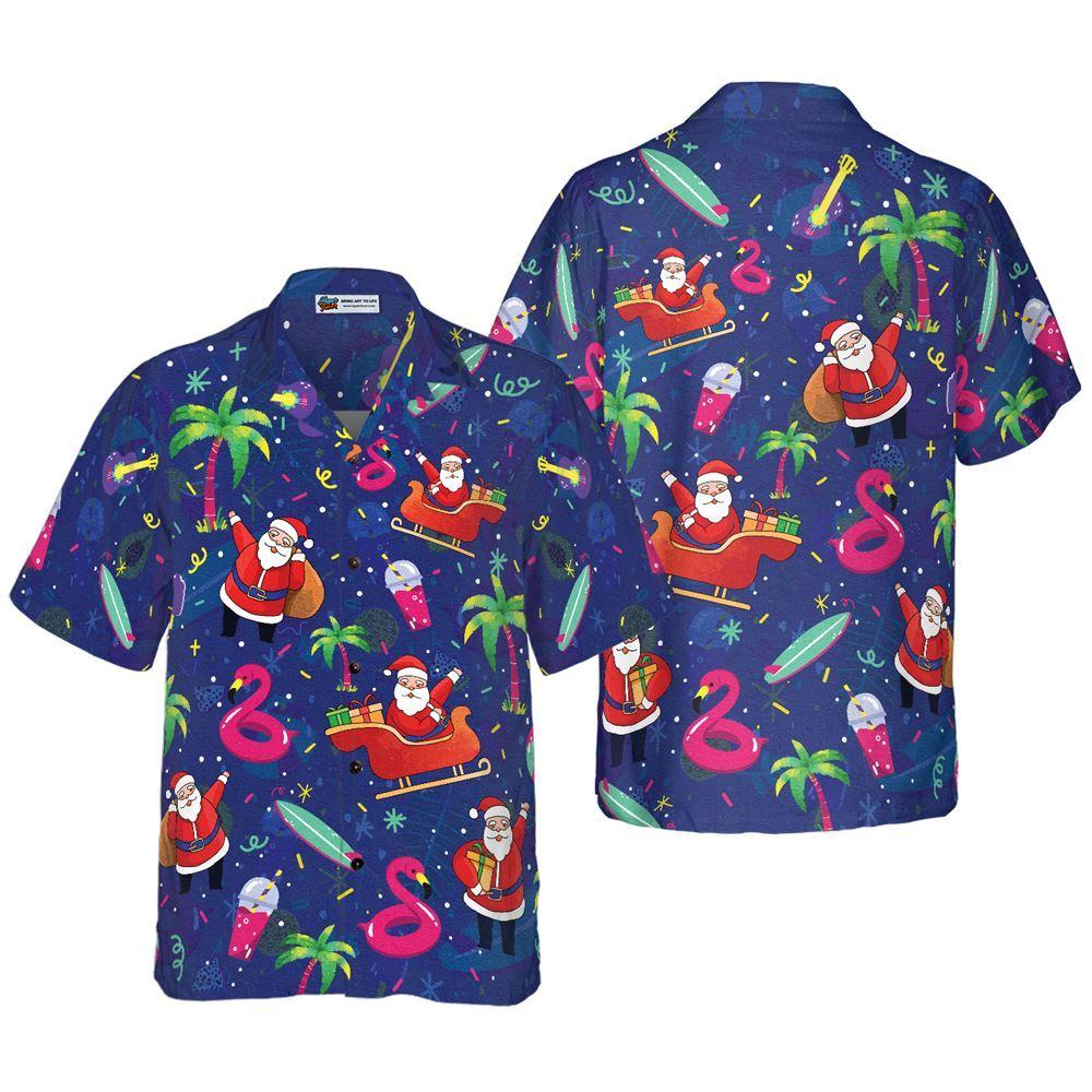 Christmas Hawaiian Shirt, Santa Flamingo Tropical Pattern Hawaiian Shirt, Xmas Hawaiian Shirts