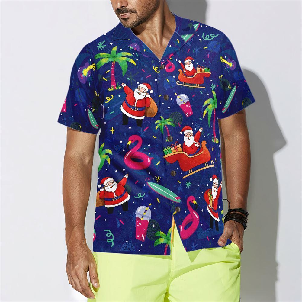 Christmas Hawaiian Shirt, Santa Flamingo Tropical Pattern Hawaiian Shirt, Xmas Hawaiian Shirts