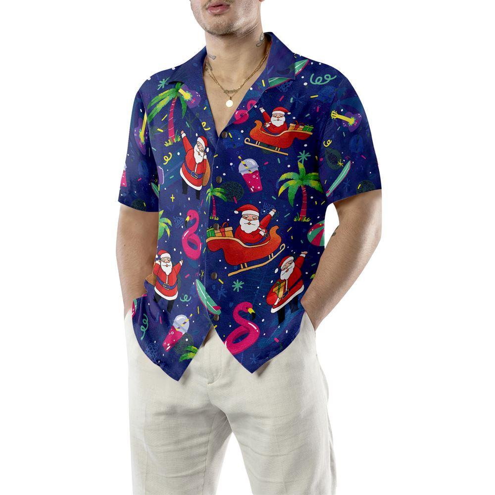 Christmas Hawaiian Shirt, Santa Flamingo Tropical Pattern Hawaiian Shirt, Xmas Hawaiian Shirts