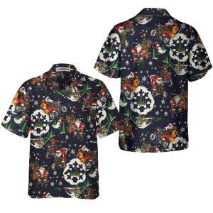 Christmas Hawaiian Shirt, Santa On Motorcycle Blue Christmas Hawaiian Shirt For Men, Xmas Hawaiian Shirts