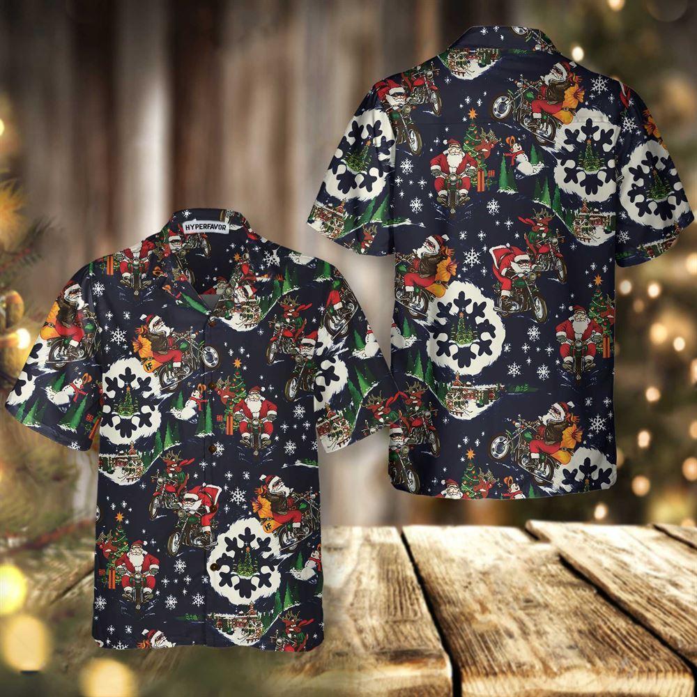 Christmas Hawaiian Shirt, Santa On Motorcycle Blue Christmas Hawaiian Shirt For Men, Xmas Hawaiian Shirts