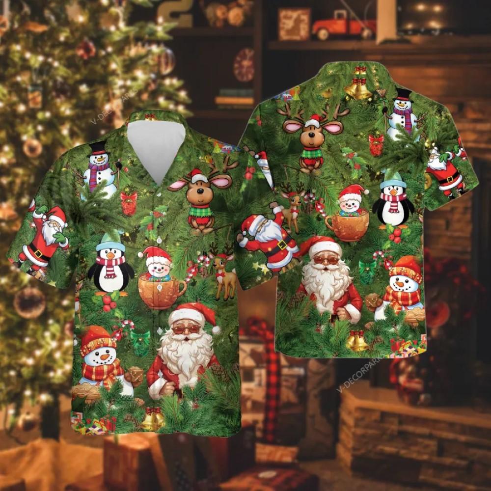 Christmas Hawaiian Shirt, Santa Pine Tree Unisex Hawaiian Shirt, Xmas Hawaiian Shirts