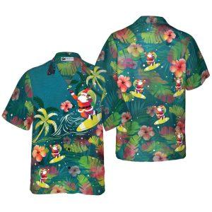 Christmas Hawaiian Shirt, Santa Surfing Tropical Hawaiian Shirt, Xmas Hawaiian Shirts