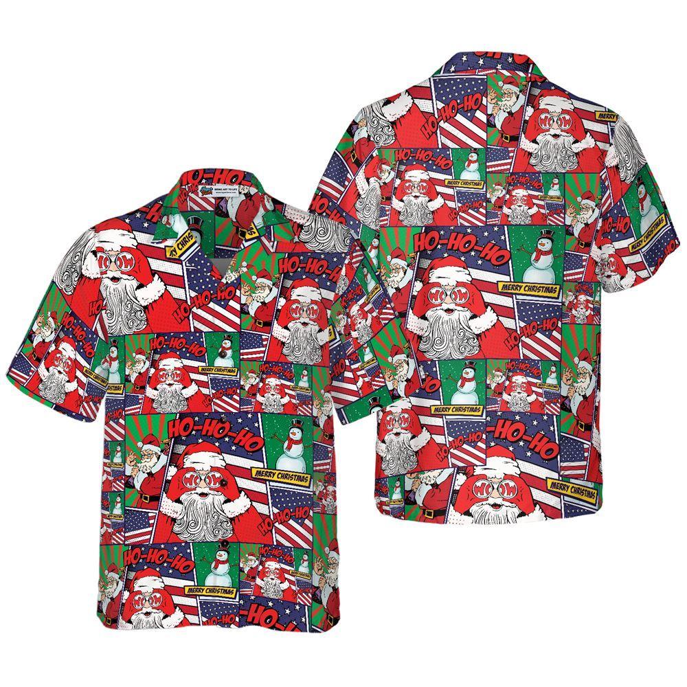 Christmas Hawaiian Shirt, Santa With American Flag Comic Style Hawaiian Shirts, Xmas Hawaiian Shirts