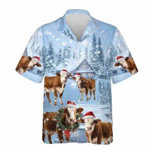 Christmas Hawaiian Shirt, Simmental Cattle Snowy Christmas&hellip;