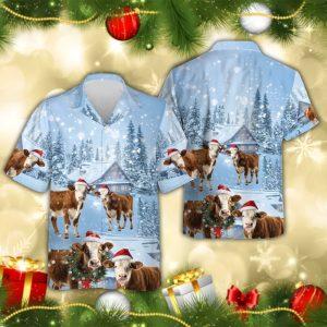 Christmas Hawaiian Shirt, Simmental Cattle Snowy Christmas&hellip;