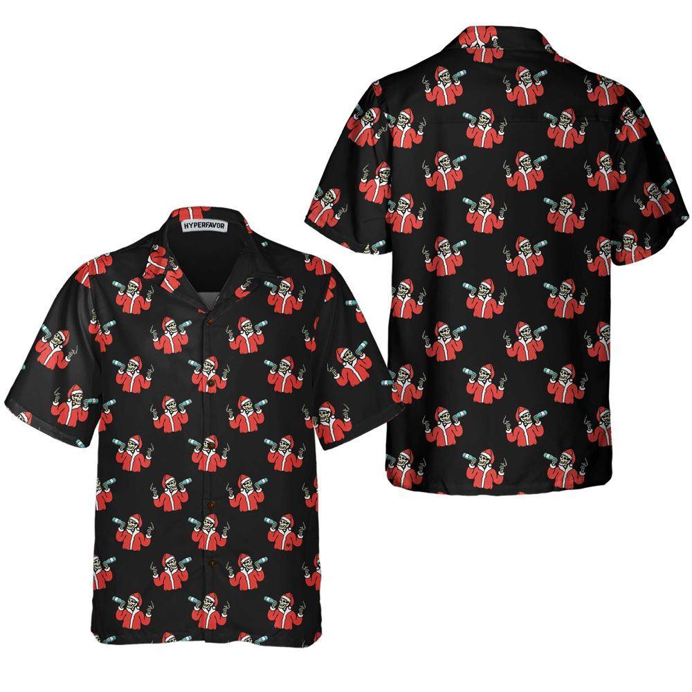 Christmas Hawaiian Shirt, Skeleton Drinking In Santa Costume Hawaiian Shirt, Xmas Hawaiian Shirts