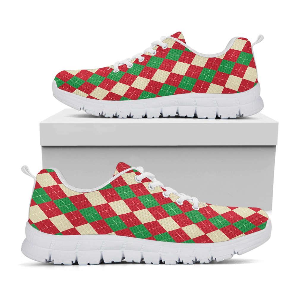 Christmas Sneaker, Christmas Themed Argyle Pattern Print Running Shoes, Christmas Shoes, Christmas Running Shoes, Christmas Shoes 2023