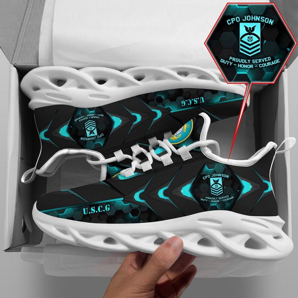 Custom Name Rank Military Shoes, US Coast Guard Veteran All Over Printed Custom Clunky Sneakers, Veterans Shoes, Max Soul Shoes