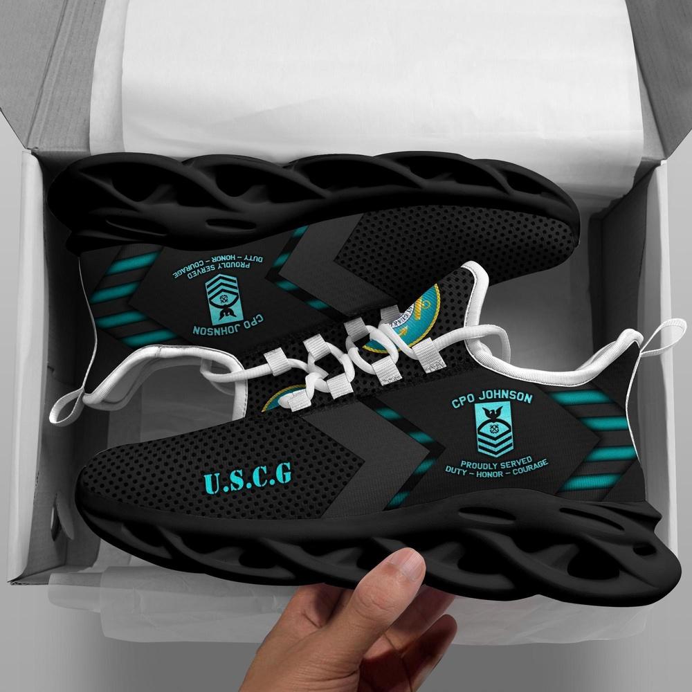 Custom Name Rank Military Shoes, US Coast Guard Veterans Custom Clunky Sneakers All Over Printed, Veterans Shoes, Max Soul Shoes