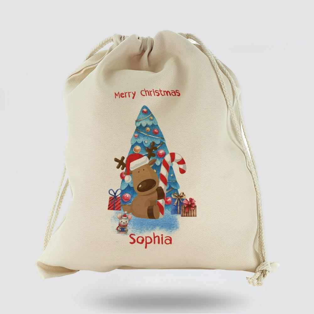 Personalised Christmas Sack, Canvas Sack With Brush Stroke Text And Blue Christmas Tree Reindeer And Mouse, Xmas Santa Sacks, Christmas Bag Gift