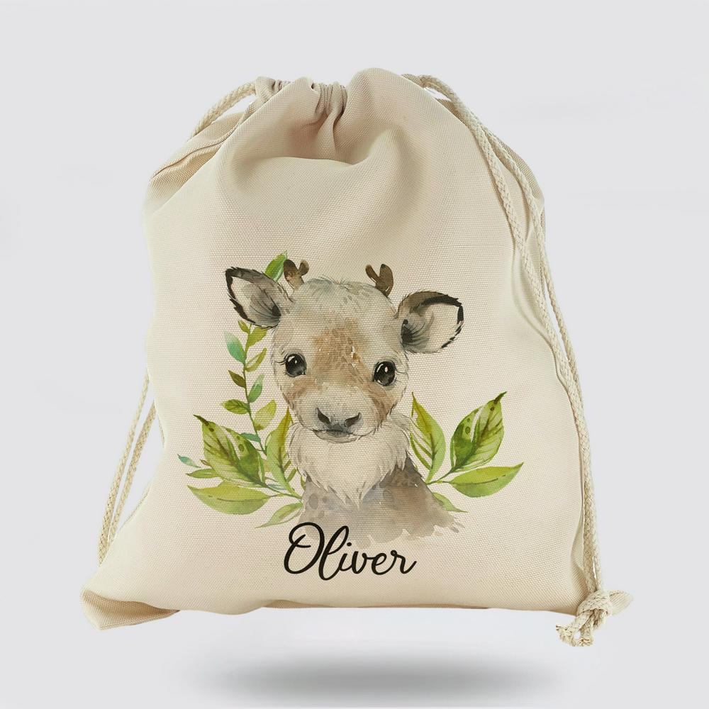 Personalised Christmas Sack, Canvas Sack With Christmas Reindeer Deer Green Leaves And Cute Text, Xmas Santa Sacks, Christmas Bag Gift