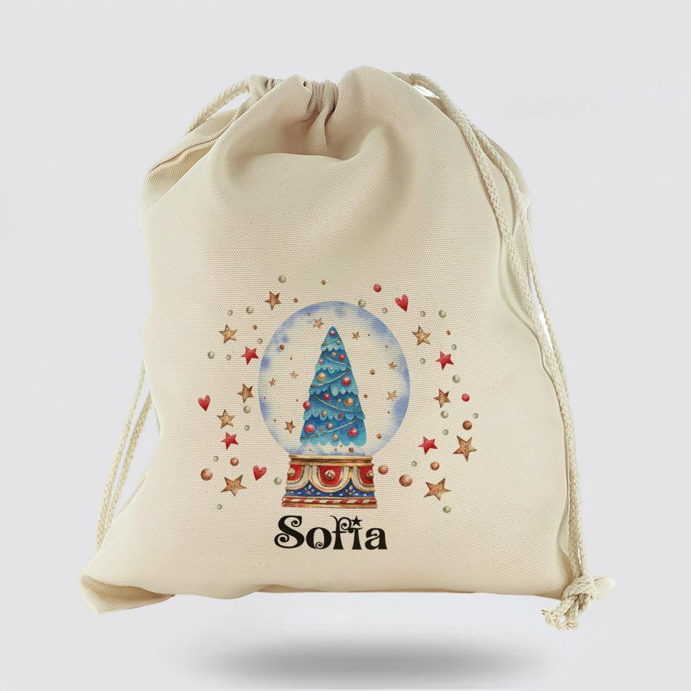 Personalised Christmas Sack, Canvas Sack With Christmas Text And Blue Xmas Tree Snow Globe, Xmas Santa Sacks, Christmas Bag Gift Personalised Christmas Sack, Canvas Sack With Christmas Text And Blue Xmas Tree Snow Globe, Xmas Santa Sacks, Christmas Bag Gift