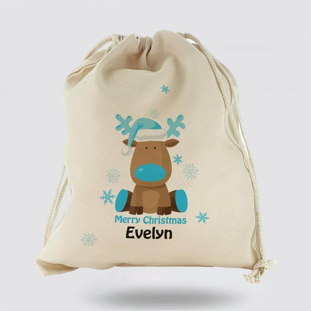 Personalised Christmas Sack, Canvas Sack With Merry Christmas Text And Blue Santa Hat Reindeer, Xmas Santa Sacks, Christmas Bag Gift