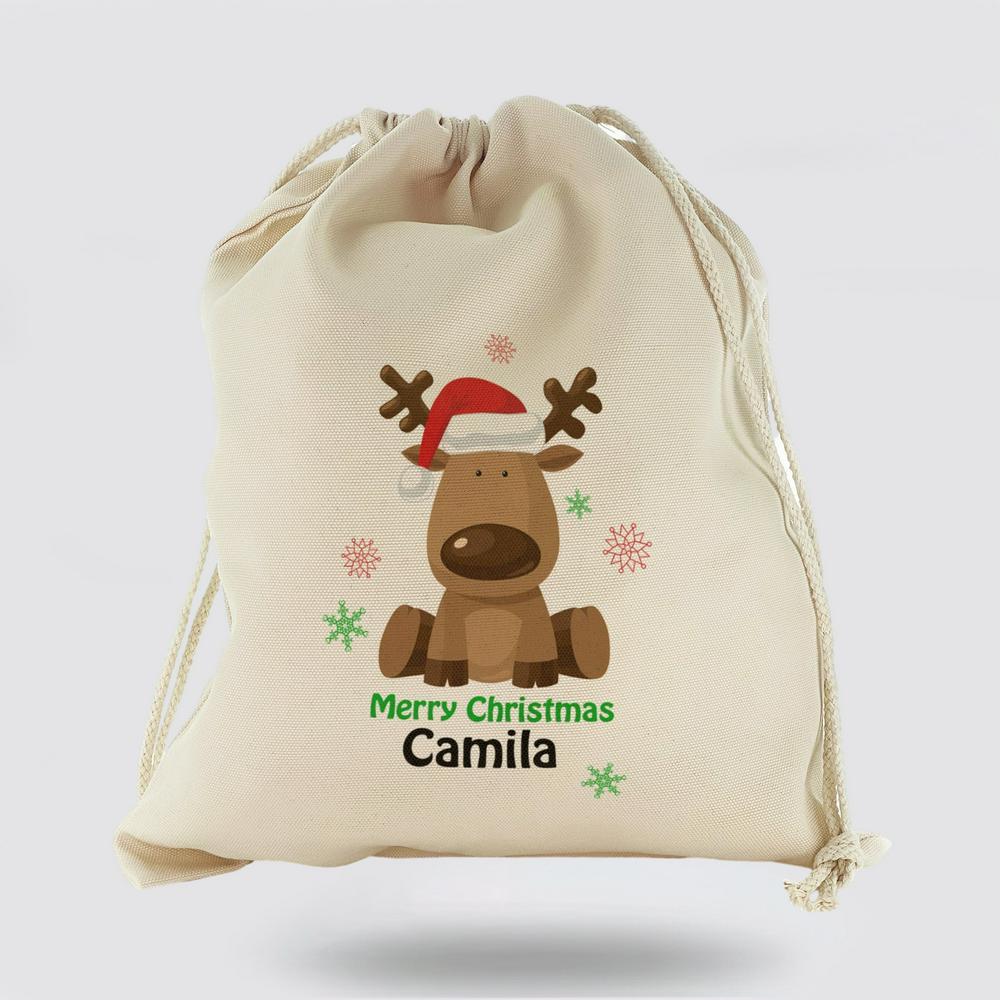 Personalised Christmas Sack, Canvas Sack With Merry Christmas Text And Santa Hat Reindeer, Xmas Santa Sacks, Christmas Bag Gift