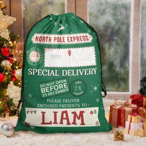 Personalised Christmas Sack, Custom Name Blue Christmas&hellip;