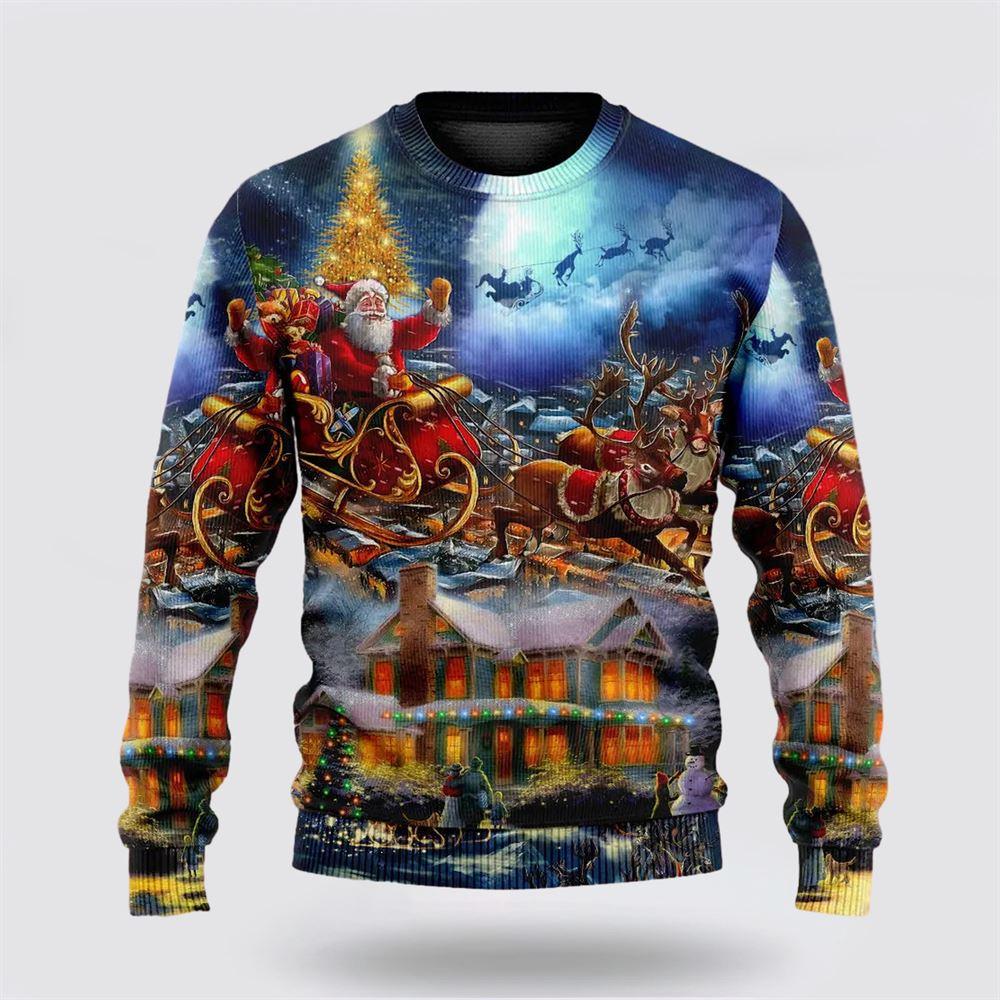 Santa Claus Sweater, Christmas Santa Claus Snowman Family In Love Light Art Style Ugly Christmas Sweater, Santa Claus Outfit History