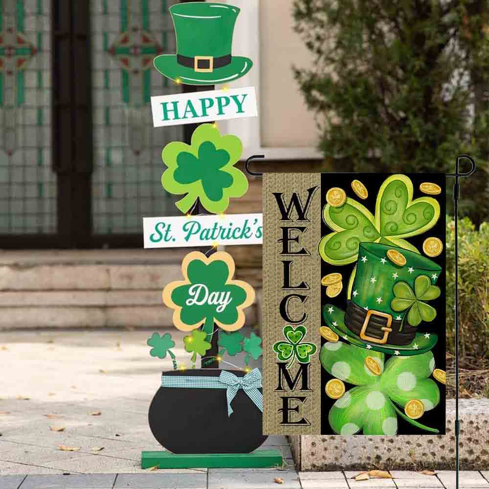 St Patrick’s Day Flag, Gold Coin Green Hat Lucky Gift For St Patrick Day, St Patrick’s Day Garden Flag