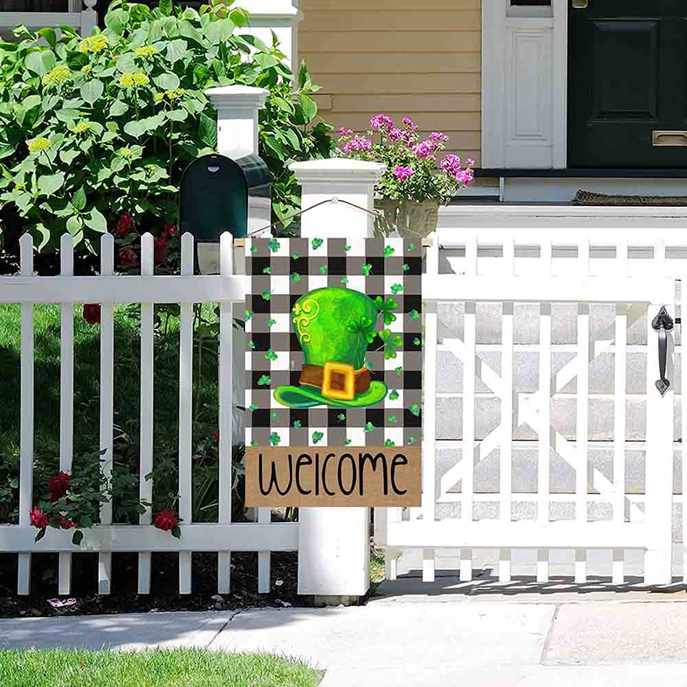 St Patrick’s Day Flag, Green Hat Caro Pattern Lucky Gift For St Patrick Day, St Patrick’s Day Garden Flag