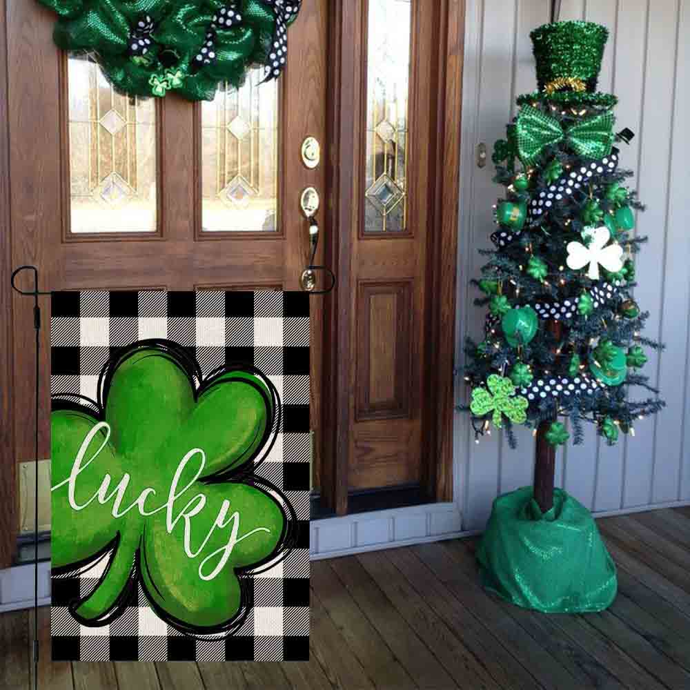 St Patrick’s Day Flag, Lucky Shamrock Caro Pattern Lucky Gift For St Patrick Day, St Patrick’s Day Garden Flag