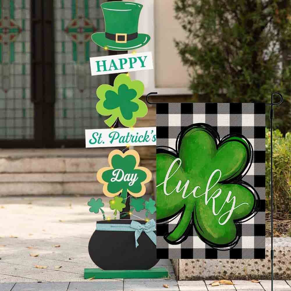 St Patrick’s Day Flag, Lucky Shamrock Caro Pattern Lucky Gift For St Patrick Day, St Patrick’s Day Garden Flag