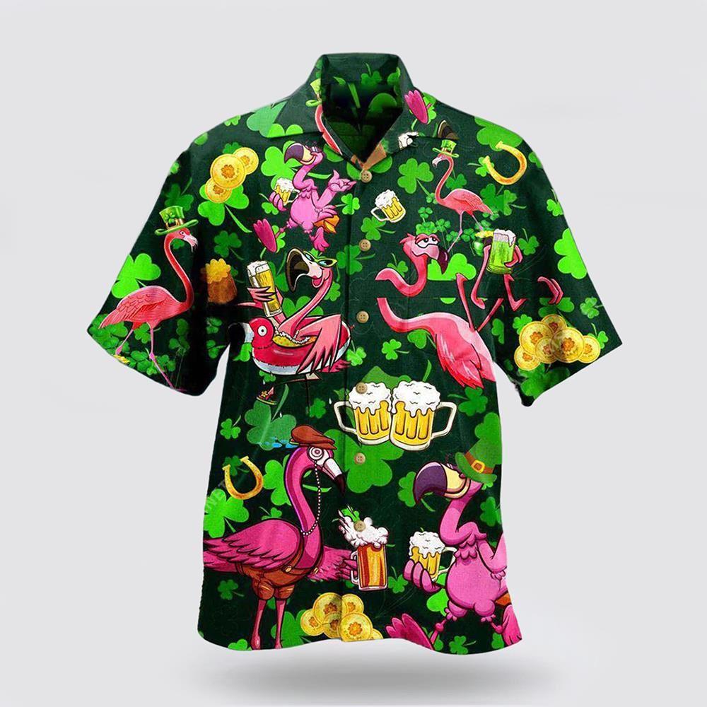 St Patrick’s Day Hawaiian Shirt, Irish Pink Flamingos Drink Beer Patricks Day Pattern Hawaiian Shirt, St Patricks Day Shirts