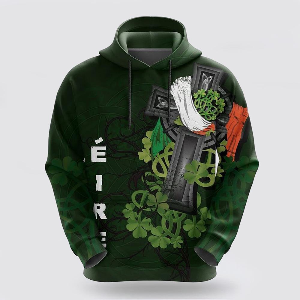 St Patrick’s Day Hoodie, Irish Pullover Shamrock Celtic Cross Happy St Patricks Day Over Print 3D Hoodie, St Patricks Day Shirts