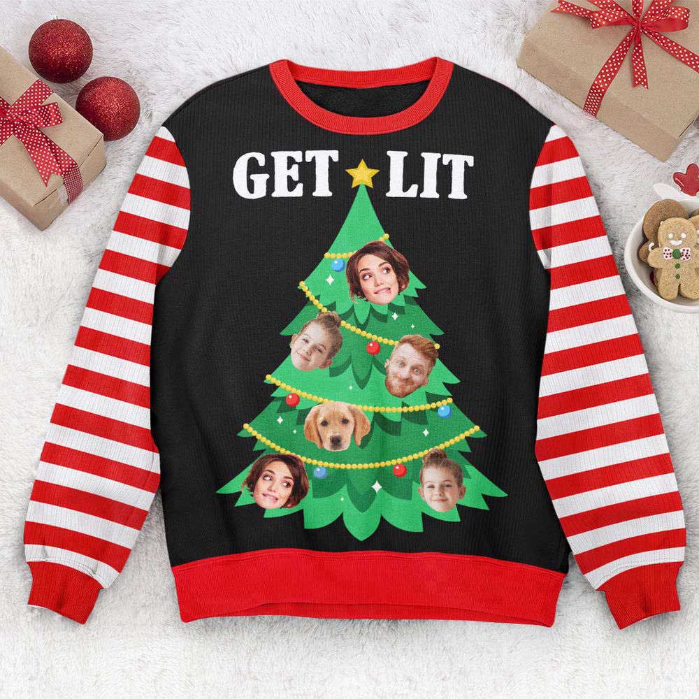 Ugly Christmas Sweater, Custom Face Christmas Family Get Lit Xmas Tree, Personalized Photo Ugly Sweater, Best Ugly Christmas Sweater