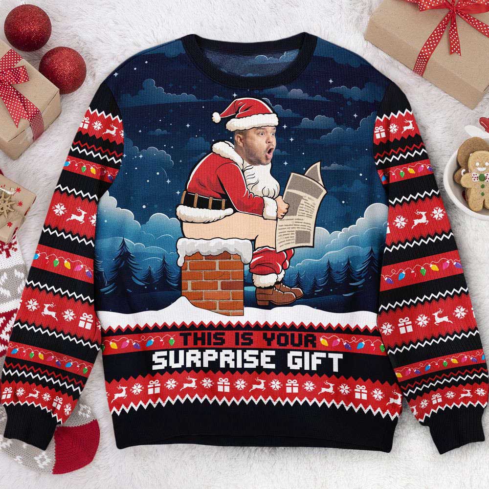 Ugly Christmas Sweater, Funny Santa Face Photo Surprise Gag Gift, Personalized Photo Ugly Sweater, Best Ugly Christmas Sweater