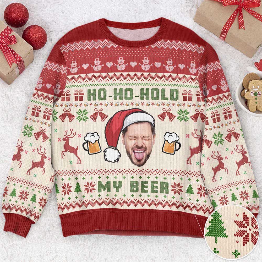 Ugly Christmas Sweater, Ho-Ho-Hold My Beer, Personalized Photo Ugly Sweater, Best Ugly Christmas Sweater