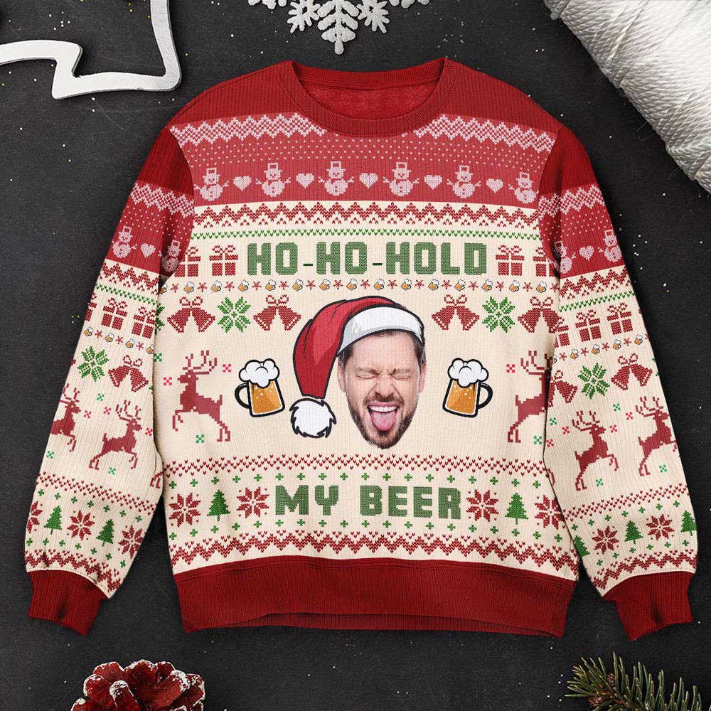 Ugly Christmas Sweater, Ho-Ho-Hold My Beer, Personalized Photo Ugly Sweater, Best Ugly Christmas Sweater