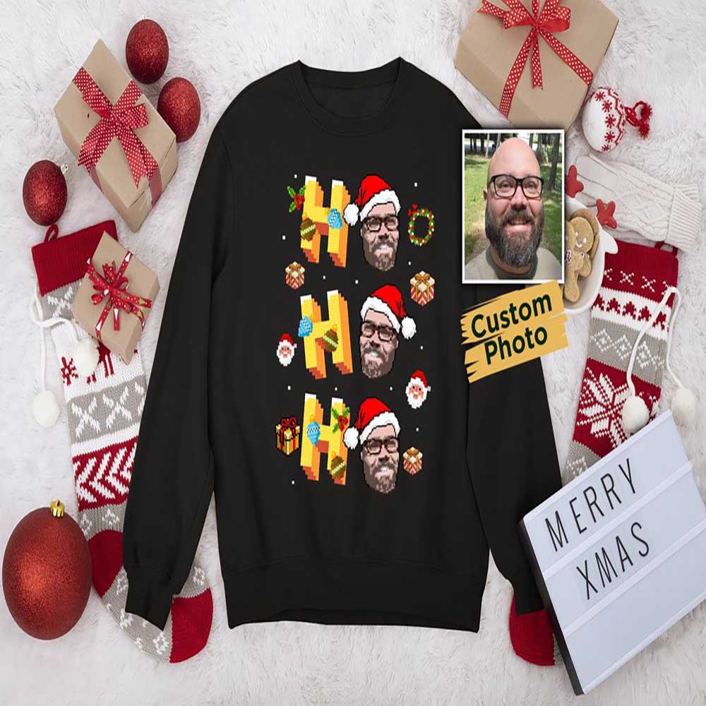 Ugly Christmas Sweater, Ho Ho Ho Custom Pixel Ugly Christmas Sweatshirt, Custom Face Sweatshirt For Christmas, Best Ugly Christmas Sweater