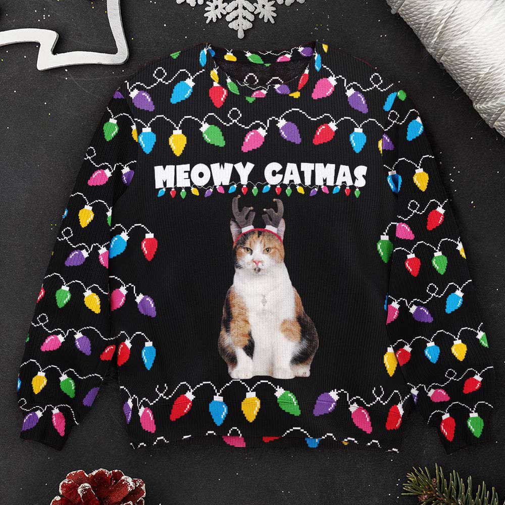 Ugly Christmas Sweater, Meowy Catmas Christmas Funny Cats, Personalized Photo Ugly Sweater, Best Ugly Christmas Sweater
