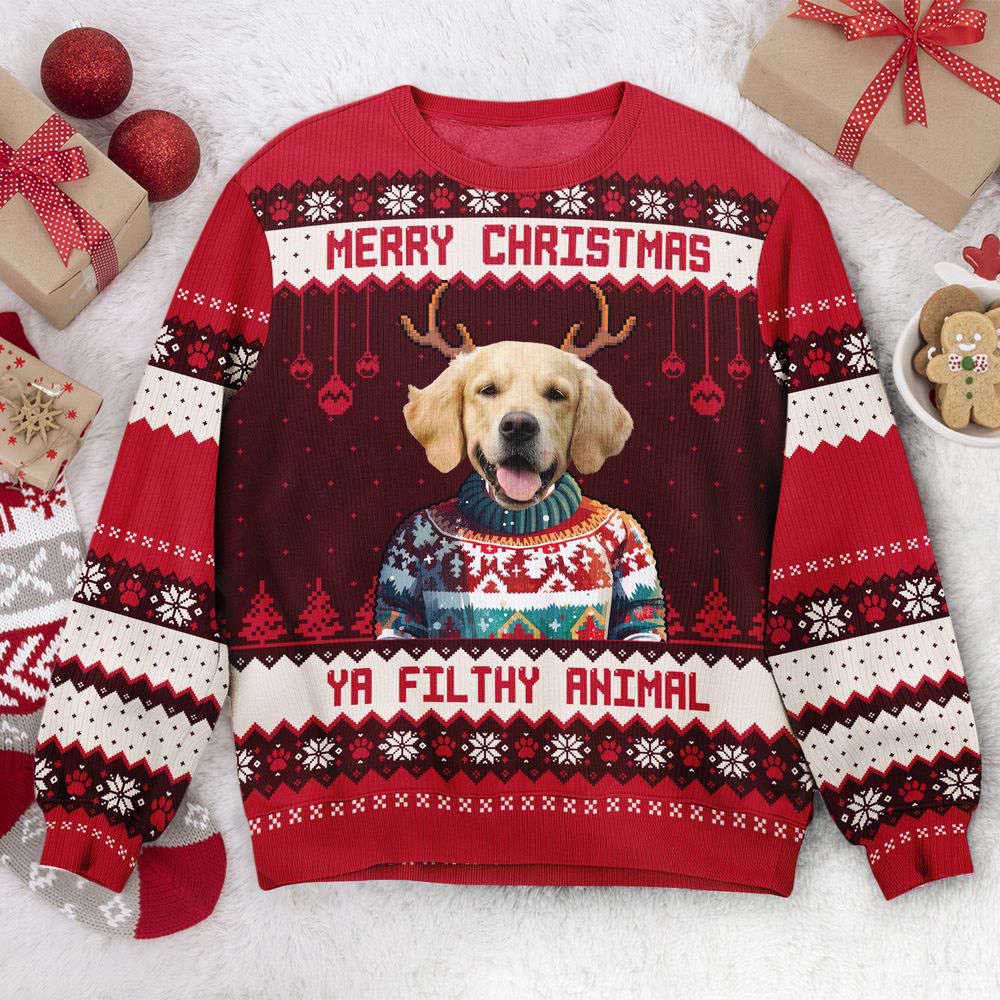 Ugly Christmas Sweater, Merry Christmas Ya Filthy Animal, Personalized Photo Ugly Sweater, Best Ugly Christmas Sweater