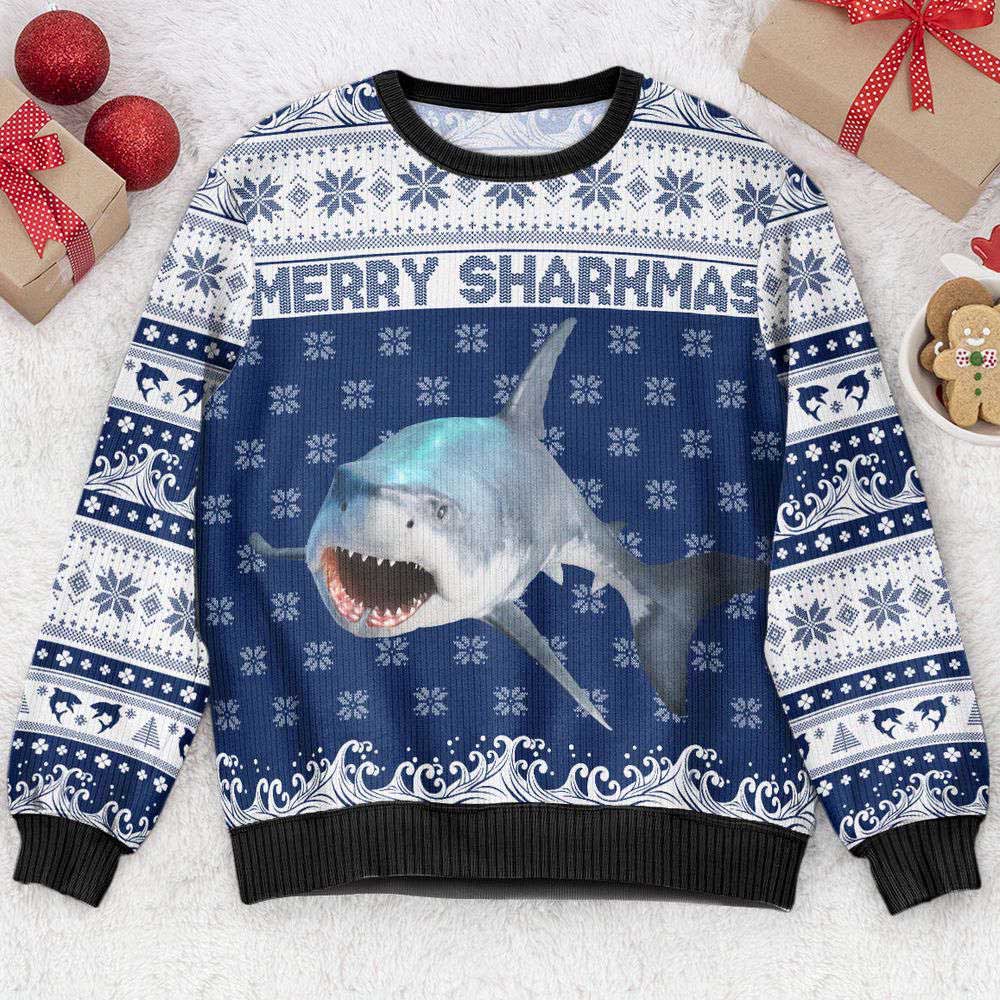 Ugly Christmas Sweater, Merry Sharkmas, Personalized Photo Ugly Sweater, Best Ugly Christmas Sweater