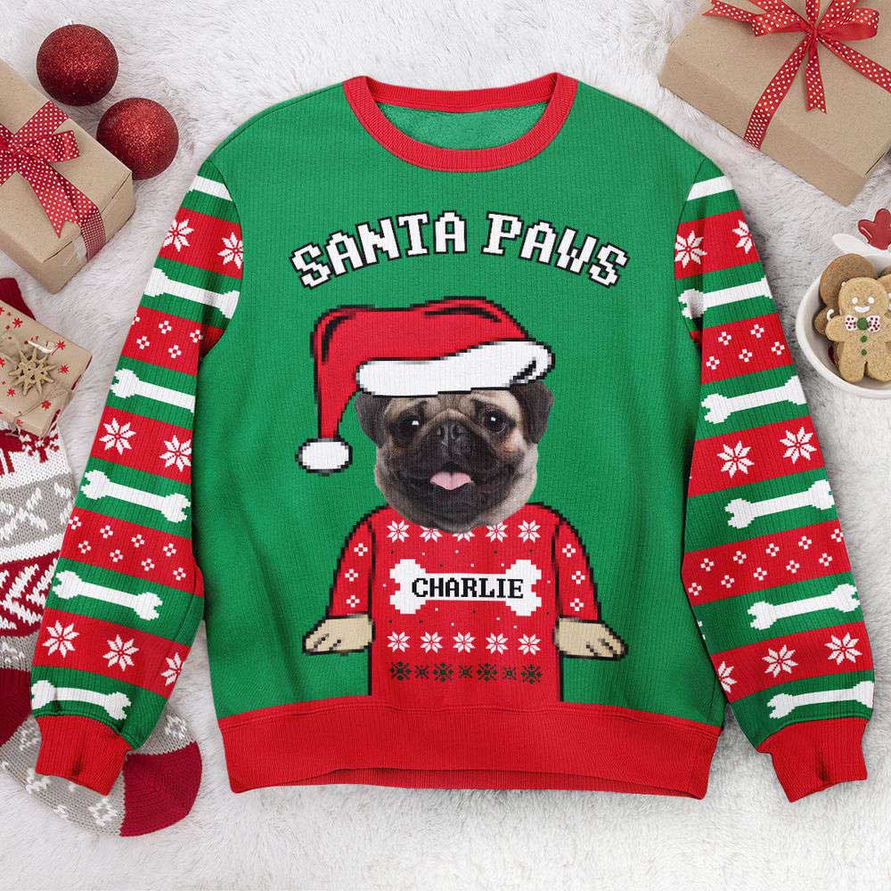 Ugly Christmas Sweater, Santa Paws Dog Lovers Custom Face, Personalized Photo Ugly Sweater, Best Ugly Christmas Sweater