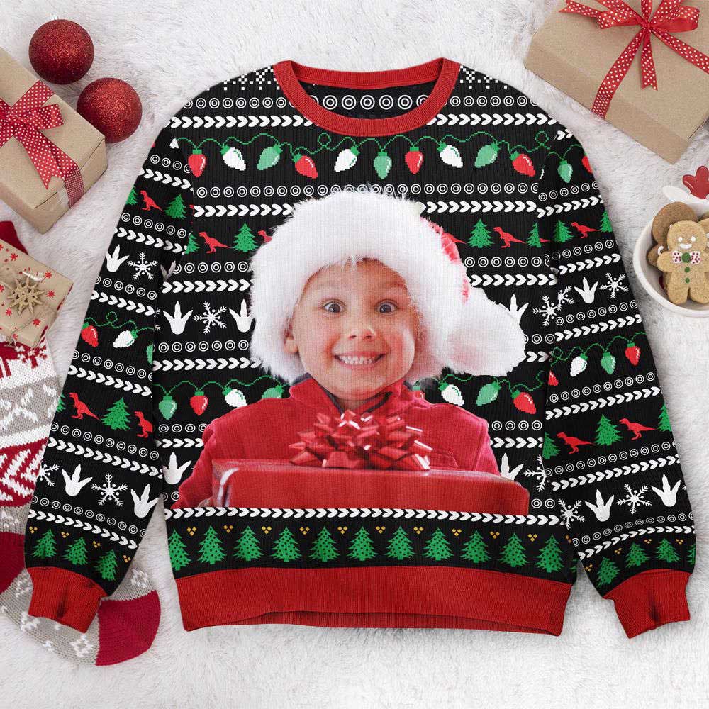 Ugly Christmas Sweater, Xmas Dinosaur, Personalized Photo Kid’s Ugly Sweater, Best Ugly Christmas Sweater