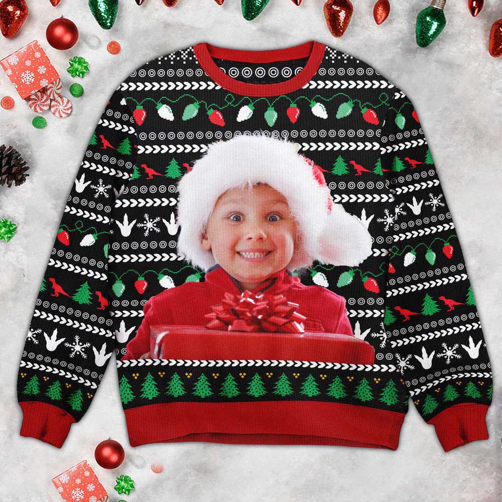 Ugly Christmas Sweater, Xmas Dinosaur, Personalized Photo Kid’s Ugly Sweater, Best Ugly Christmas Sweater