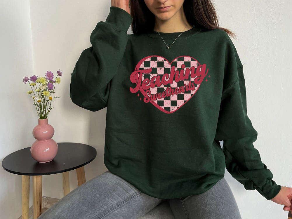 Valentines Sweatshirt, Retro Teaching Sweethearts, Sweatshirt Gift For Teachers, Groovy Teacher Shirt, Womens Valentines Sweatshirt