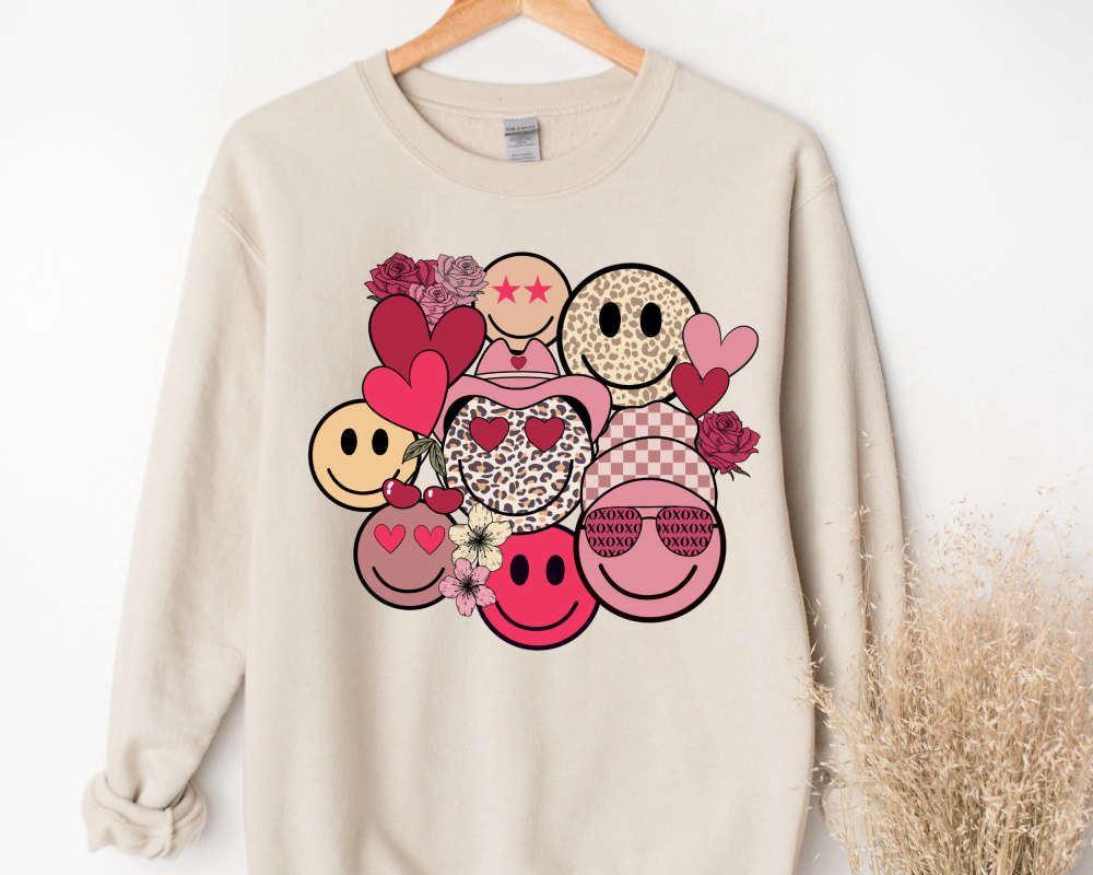 Valentines Sweatshirt, Valentines Day, Valentines Face Happy Sweatshirt, Womens Valentines Sweatshirt